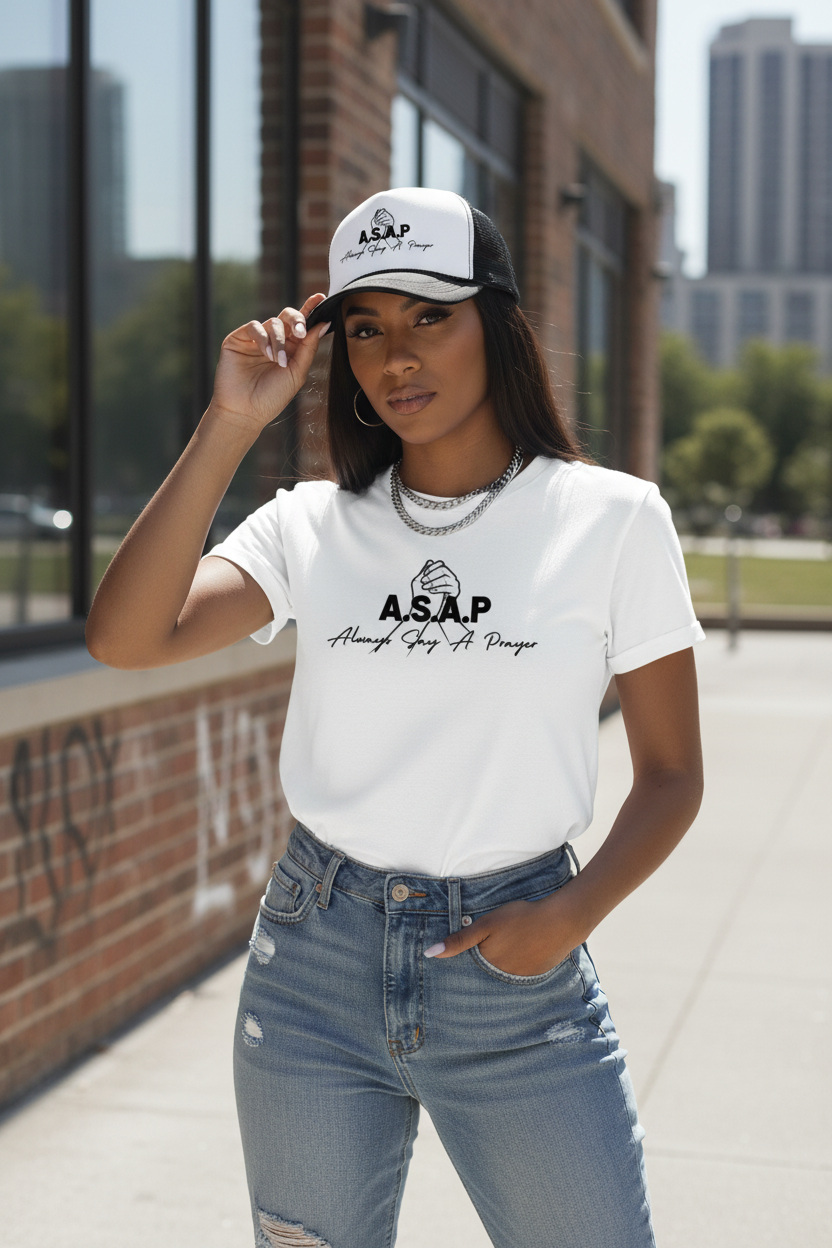Female model wearing A.S.A.P Trucker Hat